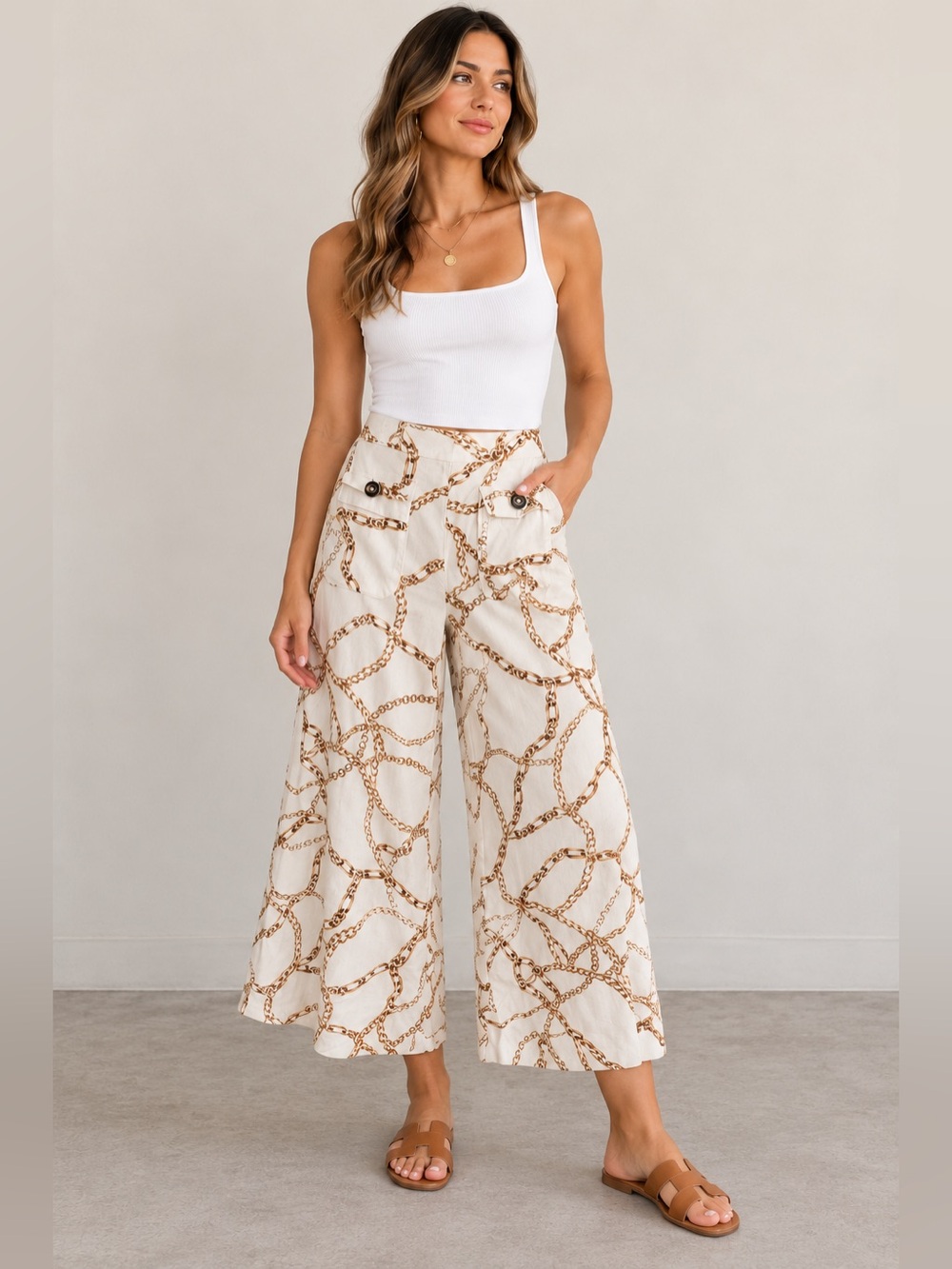 Anthropologie Maeve Chain Print Palazzo Pants Size 6 Linen Blend Wide Leg